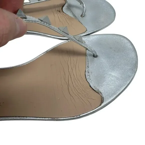 Valentino Garavani Silver Rockstud Flat Sandals Studded Leather Size 37.5 - Picture 6 of 10